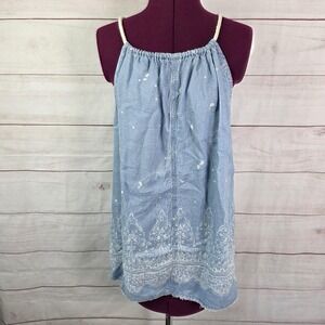 Holding Horses Shirt Womens Large Blue Rope Strap Halter Boho Border Print